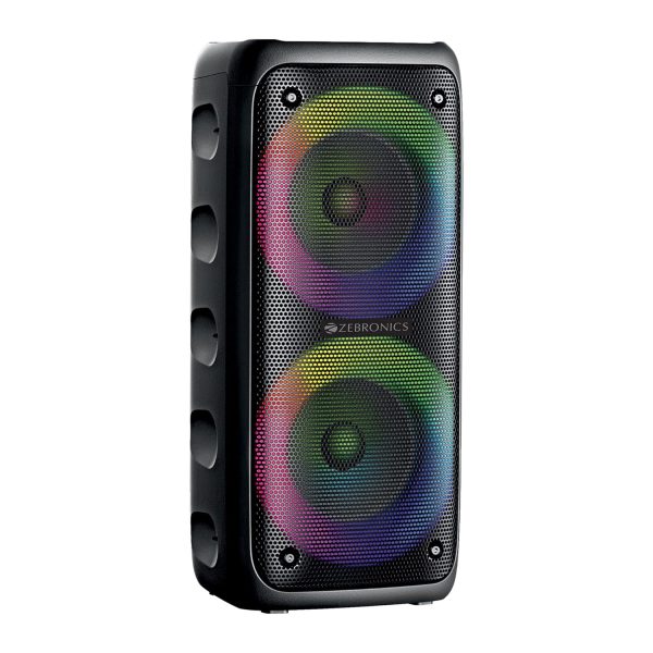 ZEBRONICS BARREL 200 Bluetooth 5.0 portable speaker with 40W RMS, TWS, Wired Mic, Karaoke, RGB Lights, Mobile holder, Dual 6.5" drivers, Carry handle and Built-in rechargeable battery