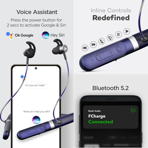 Boult Audio FCharge Bluetooth Earphones with 40H Playtime, Zen ENC Mic, Dual Device Connectivity, Type C Fast Charging (10Mins=15Hrs), 14.2mm Bass Driver, Made in India, IPX5 Silicon Neckband (Blue)