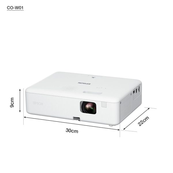 Epson CO-W01 WXGA Video Projector, HD Ready 16:10, 3LCD Technology, 3000 Lumens, USB/HDMI Connection, Horizontal Vertical Keystone Correction, Built-in Speaker, Projection up to 378"