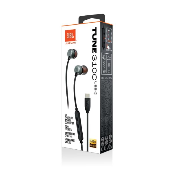 JBL Tune 310 Wired in-Ear Type C Headphones, Hi-Res Audio with Digital-to-Analog Converter, 3-Button EQ Preset Remote with Microphone, Tangle-Free Flat Cable, Compatible with USB-C Devices (Black)