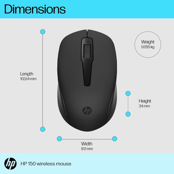 HP 150 Wireless Mouse,1600 DPI, 10 m Range, 2.4 GHz USB dongle for Instant connectivity, Ambidextrous, Ergonomic Design, Rubber Grip for All Day Comfort, 12 Month Battery, 3 Years Warranty