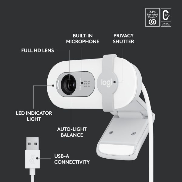 Logitech Brio 100 Full HD Webcam for Meetings and Streaming, Auto-Light Balance, Built-in Mic, Privacy Shutter, USB-A, for Microsoft Teams, Google Meet, Zoom and More- OffWhite