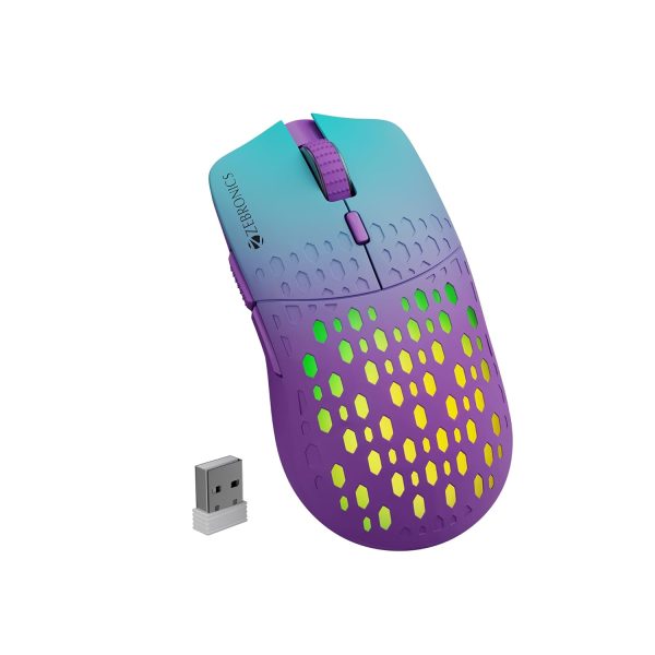 ZEBRONICS MARINE Wireless Mouse with Rechargeable Battery, BT + 2.4GHz, 6 Buttons, 4 DPI, 1000/1600/2400/3200, Comfortable & Ergonomic Design, Multicolor LED lights (Purple