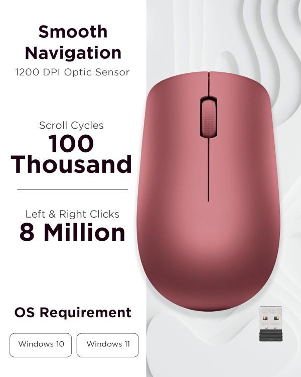 Lenovo 530 Wireless Mouse (Cherry Red): Ambidextrous, Ergonomic Mouse, Up to 8 Million clicks for Left and Right Buttons, Optical Sensor 1200 DPI, 2.4 GHz Wireless Technology via Nano USB Receiver