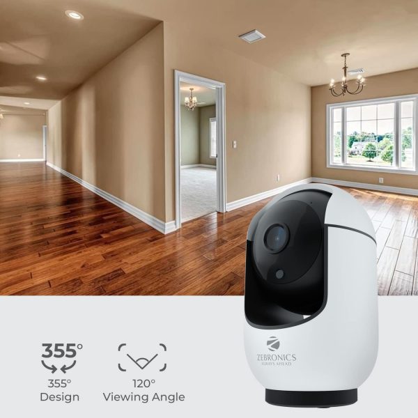 ZEBRONICS Smart Cam 105 WiFi 355 Degree PTZ Camera with Video Monitoring, Night Vision, Motion Tracking, 2MP 1080p, App Access, 2 Way Audio, Ceiling Mount, MicroSD Card & Cloud Storage Support, White