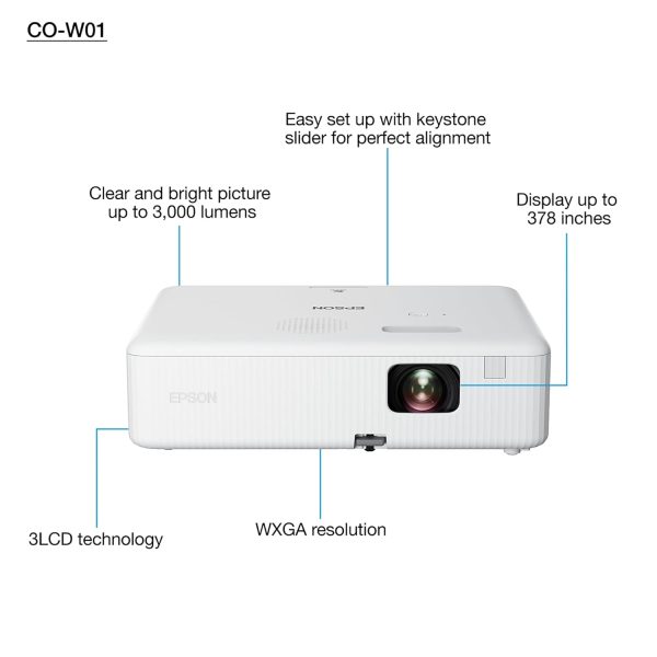 Epson CO-W01 WXGA Video Projector, HD Ready 16:10, 3LCD Technology, 3000 Lumens, USB/HDMI Connection, Horizontal Vertical Keystone Correction, Built-in Speaker, Projection up to 378"