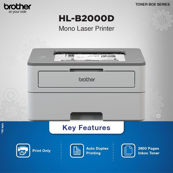 Brother HL-B2000D Automatic Duplex Laser Printer with 34 Pages Per Minute Print Speed, 32 MB Memory, Large 250 Sheet Paper Tray, USB Connectivity