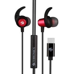 ZEBRONICS Zeb-Buds C in Ear Type C Wired Earphones with Mic, Metallic Design, 10mm Drivers, in Line Mic & Volume Controller, 1.2 Metre Cable (Red)