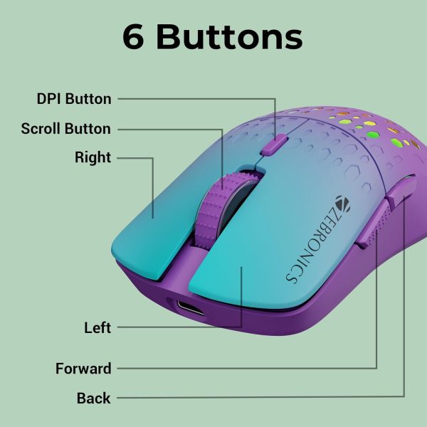 ZEBRONICS MARINE Wireless Mouse with Rechargeable Battery, BT + 2.4GHz, 6 Buttons, 4 DPI, 1000/1600/2400/3200, Comfortable & Ergonomic Design, Multicolor LED lights (Purple