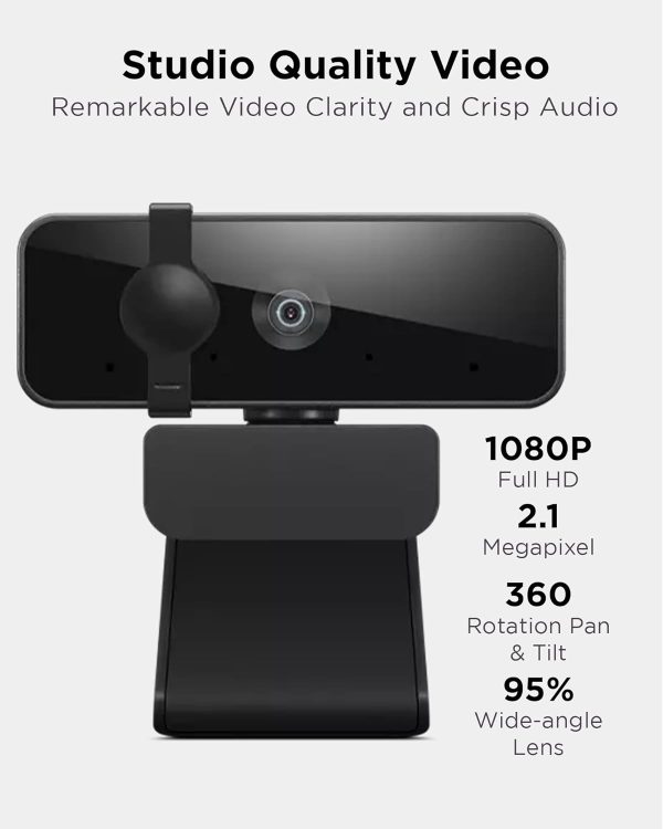 Lenovo FHD Webcam with Full Stereo Dual Built-in mics | FHD 1080P 2.1 Megapixel Digital CMOS Camera |Wide 95 Lens| 360 Rotation | Flexible Mount (4XC1B34802), Black