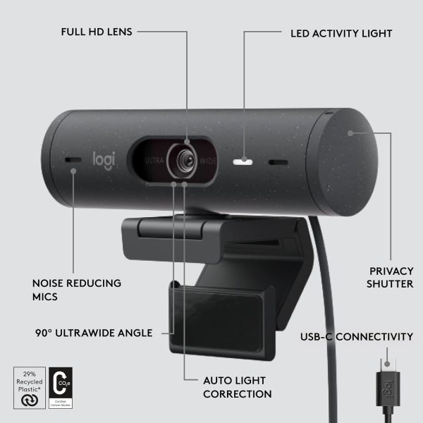 Logitech Brio 500 Full Hd Webcam with Auto Light Correction,Show Mode, Dual Noise Reduction Mics, Webcam Privacy Cover, Works with Microsoft Teams, Google Meet, Zoom, USB-C Cable - Graphite - Digital