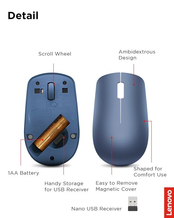 Lenovo 530 Wireless Mouse (Abyss Blue): Ambidextrous, Ergonomic Mouse, Up to 8 Million clicks for Left and Right Buttons, Optical Sensor 1200 DPI, 2.4 GHz Wireless Technology via Nano USB Receiver