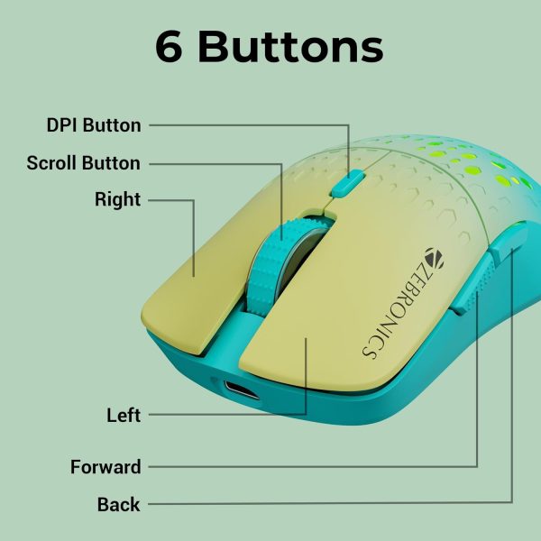 ZEBRONICS MARINE Wireless Mouse with Rechargeable Battery, BT + 2.4GHz, 6 Buttons, 4 DPI, 1000/1600/2400/3200, Comfortable & Ergonomic Design, Multicolor LED lights (Green)