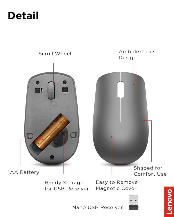 Lenovo 530 Wireless Mouse (Graphite): Ambidextrous, Ergonomic Mouse, Up to 8 Million clicks for Left and Right Buttons, Optical Sensor 1200 DPI, 2.4 GHz Wireless Technology via Nano USB Receiver