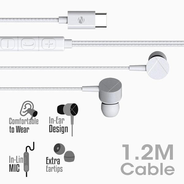 ZEBRONICS Zeb-Buds C2 in Ear Type C Wired Earphones with Mic, Braided 1.2 Metre Cable, Metallic Design, 10mm Drivers, in Line Mic & Volume Controller (White)