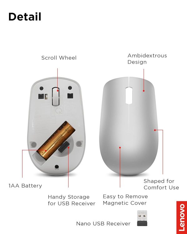 Lenovo 530 Wireless Mouse (Platinum Grey): Ambidextrous, Ergonomic Mouse, Up to 8 Million clicks for Left and Right Buttons, Optical Sensor 1200 DPI, 2.4 GHz Wireless Technology via Nano USB Receiver