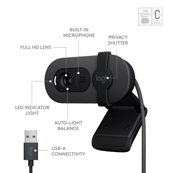 Logitech Brio 100 Full HD Webcam for Meetings and Streaming, Auto-Light Balance, Built-in Mic, Privacy Shutter, USB-A, for Microsoft Teams, Google Meet, Zoom and More- Graphite