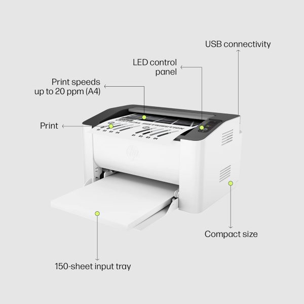 HP Laser 1008a Printer, Single Function, Print, Hi-Speed USB 2.0, Up to 21 ppm, 150-sheet Input Tray, 100-sheet Output Tray, 10,000-page Duty Cycle, 1-Year Warranty, Black and White, 714Z8A