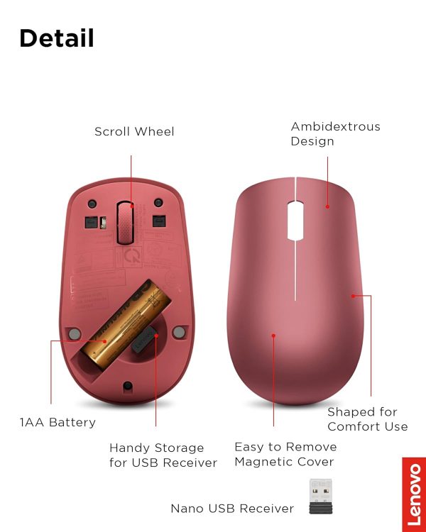 Lenovo 530 Wireless Mouse (Cherry Red): Ambidextrous, Ergonomic Mouse, Up to 8 Million clicks for Left and Right Buttons, Optical Sensor 1200 DPI, 2.4 GHz Wireless Technology via Nano USB Receiver