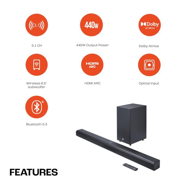 JBL Cinema SB590 Deep Bass, Dolby Atmos Soundbar with Wireless Subwoofer for Extra Deep Bass, 3.1 Channel, Center channel for superior voice clarity, HDMI eARC, Bluetooth & Optical Connectivity (440W)