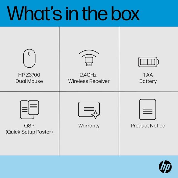 HP Z3700 Dual Black Mouse, Bluetooth 5.0, USB-A dongle, 2.4 GHz wireless connection, Multi-surface tracking, Silent clicks, Up to 1600 dpi, 16-month battery life, 3-year warranty, 50g, Black, 758A8AA