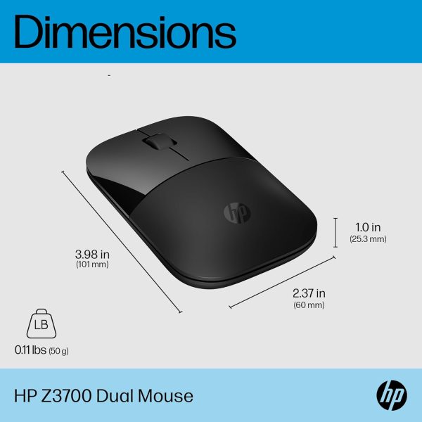 HP Z3700 Dual Black Mouse, Bluetooth 5.0, USB-A dongle, 2.4 GHz wireless connection, Multi-surface tracking, Silent clicks, Up to 1600 dpi, 16-month battery life, 3-year warranty, 50g, Black, 758A8AA