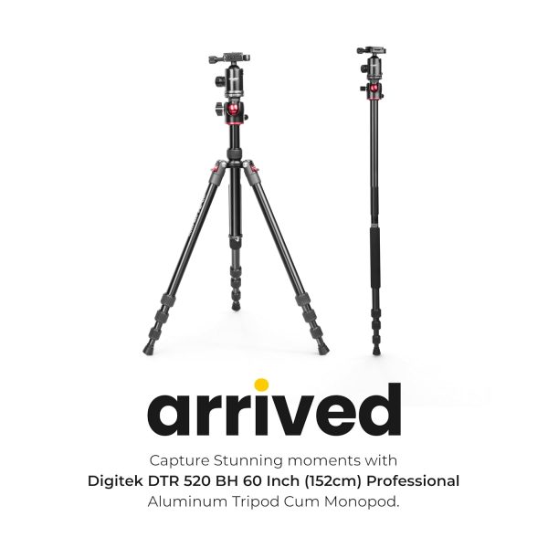 DIGITEK® (DTR 520 BH) 152CM Foldable Aluminum Tripod Cum Monopod with Swivel Pan Head, 4 Section Adjustment, 7kg Max Load, Max Operating Height: 4.95Ft, Compatible with DSLR Camera, Dv Video Camcorder