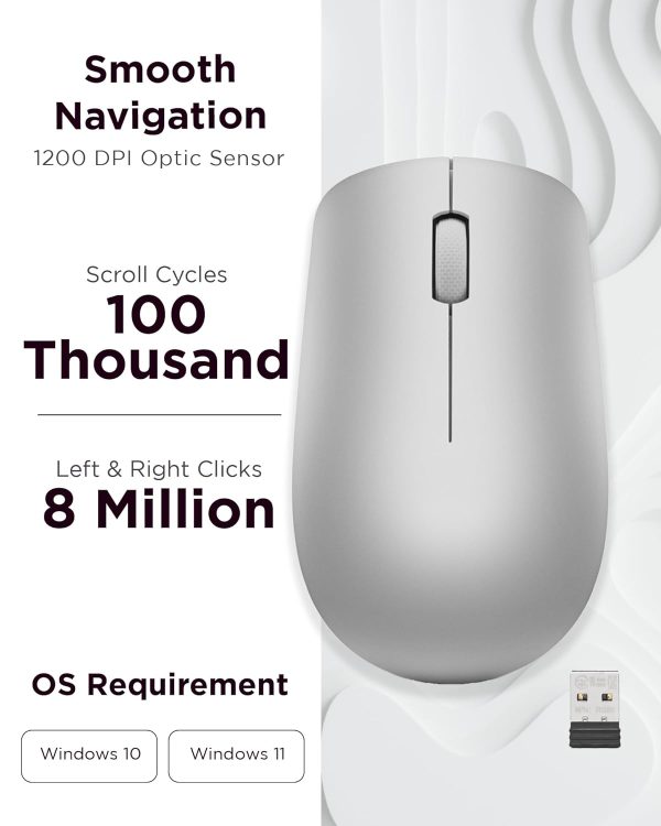 Lenovo 530 Wireless Mouse (Platinum Grey): Ambidextrous, Ergonomic Mouse, Up to 8 Million clicks for Left and Right Buttons, Optical Sensor 1200 DPI, 2.4 GHz Wireless Technology via Nano USB Receiver