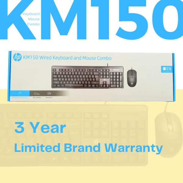 HP KM150 Wired Keyboard and Mouse Combo Full-Size Keyboard, 1600 DPI Ergonomic Optical Sensor Mouse, Instant USB Plug-and-Play, 12 Shortcut Keys, Adjustable Slope Keyboard (3-Years Warranty)