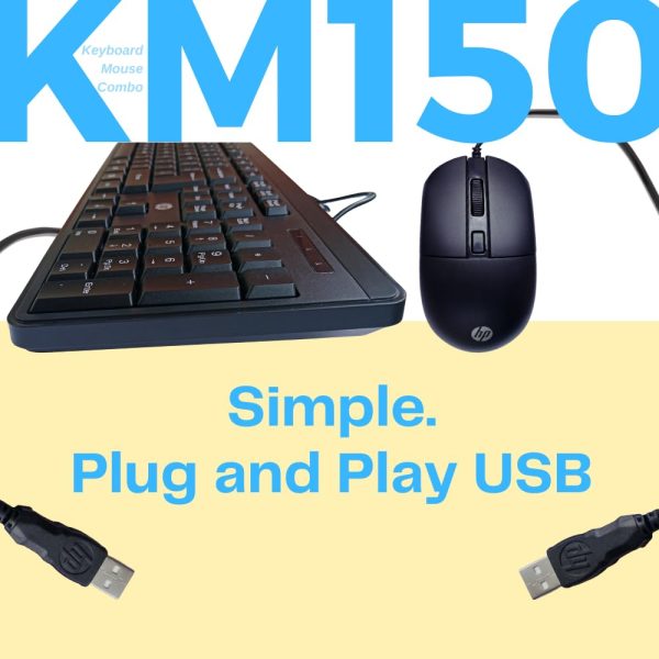 HP KM150 Wired Keyboard and Mouse Combo Full-Size Keyboard, 1600 DPI Ergonomic Optical Sensor Mouse, Instant USB Plug-and-Play, 12 Shortcut Keys, Adjustable Slope Keyboard (3-Years Warranty)