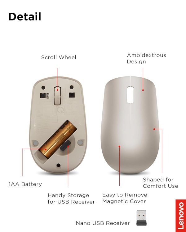 Lenovo 530 Wireless Mouse (Almond): Ambidextrous, Ergonomic Mouse, Up to 8 Million clicks for Left and Right Buttons, Optical Sensor 1200 DPI, 2.4 GHz Wireless Technology via Nano USB Receiver