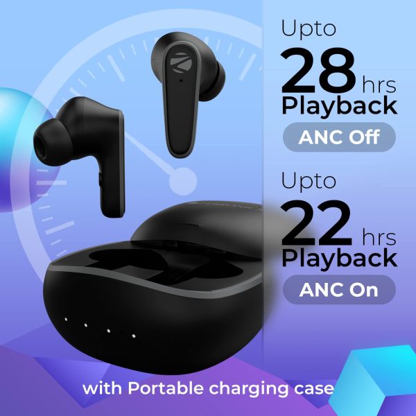 ZEBRONICS PODS 1 Wireless TWS Earbuds with Powerful ANC, ENC Calling, Gaming Mode, 28 Hours Backup, Bluetooth 5.2, Voice Assistant Support, Splash Proof, Flash Connect & Type C Charging