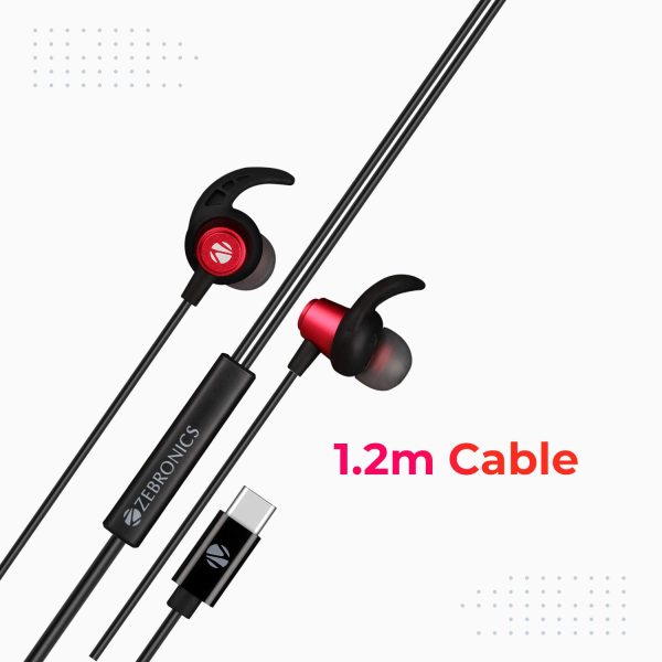 ZEBRONICS Zeb-Buds C in Ear Type C Wired Earphones with Mic, Metallic Design, 10mm Drivers, in Line Mic & Volume Controller, 1.2 Metre Cable (Red)