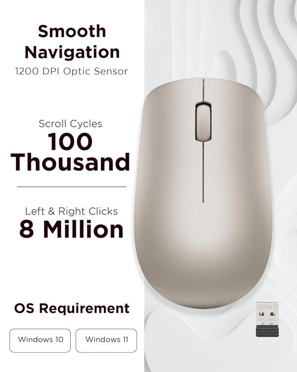 Lenovo 530 Wireless Mouse (Almond): Ambidextrous, Ergonomic Mouse, Up to 8 Million clicks for Left and Right Buttons, Optical Sensor 1200 DPI, 2.4 GHz Wireless Technology via Nano USB Receiver