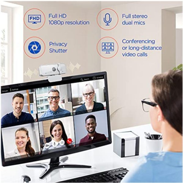 Lenovo 300 FHD Webcam with Full Stereo Dual Built-in mics | FHD 1080P 2.1 Megapixel CMOS Camera |Ultra-Wide 95 Lens, Digital Zoom | 360 Rotation | Flexible Mount, Cloud Grey