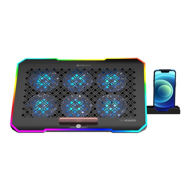 ZEBRONICS NC6500D Laptop Cooling Pad with Support up to 17 inch (43.18 cm) Laptops, Hexa Fans, Speed Control, RGB LED, Detachable Mobile Holder, 5 Step Retractable Stand, Built in USB Ports (Black)