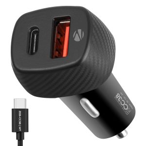 Zebronics Cc38 Car Charger with 38 Watts Rapid Charge, Dual Output Ports (USB + Type C Pd), Compact Design, Built in Protections, Led Indicator, Type C to Type C Cable Included for Smartphones, Black