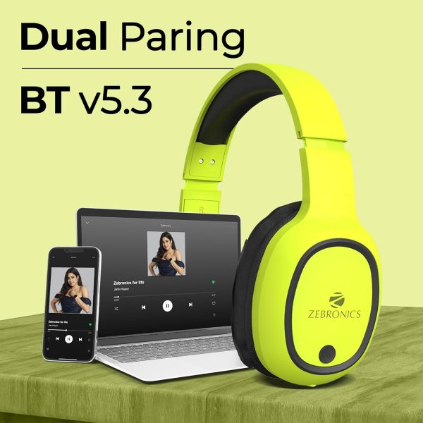 ZEBRONICS Thunder Bluetooth Wireless On Ear Headphone FM, mSD, 60hrs Playback with Mic (Neon Yellow)