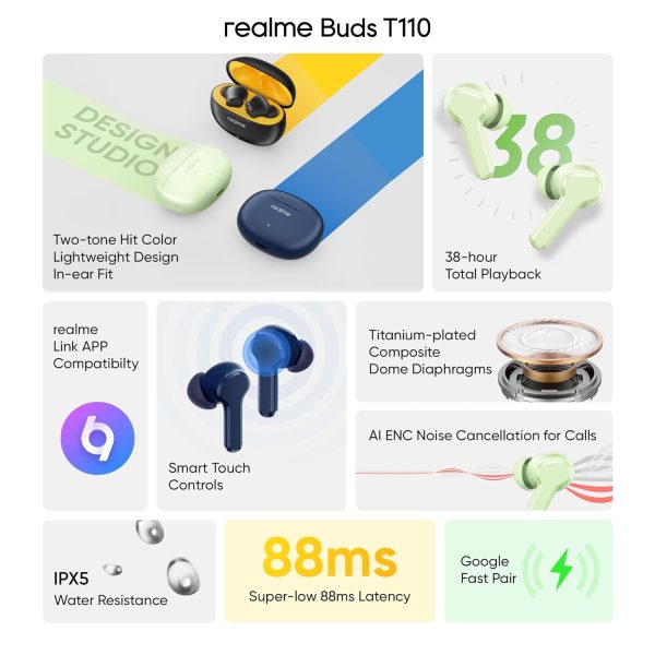 realme Buds T110 with Ai Enc for Calls, Upto 38 Hours of Playback and Fast Charging Bluetooth in Ear Headset (Country Green, True Wireless)