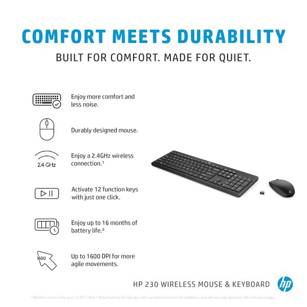 HP 230 Black Chicklet Wireless USB Keyboard and Mouse Set with 2.4GHz Wireless Connection and 12 Function Keys/ 16 Months Battery Life/ 1600 dpi/Black (18H24AA)