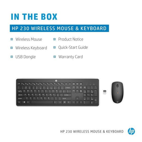 HP 230 Black Chicklet Wireless USB Keyboard and Mouse Set with 2.4GHz Wireless Connection and 12 Function Keys/ 16 Months Battery Life/ 1600 dpi/Black (18H24AA)