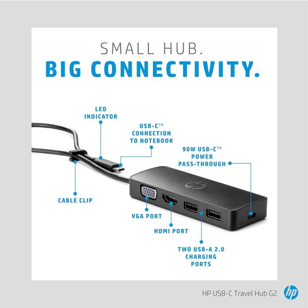 Hp USB-C Travel Hub G2 Hub with Two USB Ports for Your Accessories and Hdmi Or Vga for an External Display. Black