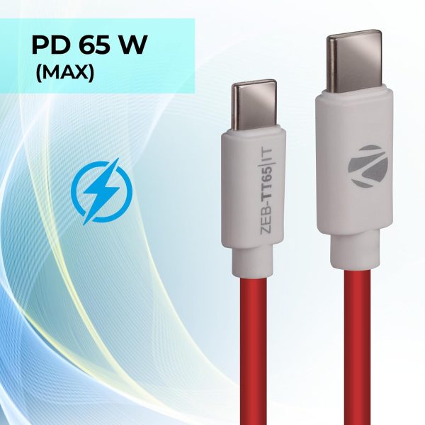 ZEBRONICS TT65 Type C - Type C Cable, 65 Watts PD, Rapid Charging, Charge & Sync, 1 Meter, Compatible with iPhone 15 | Samsung | OnePlus | Xiaomi | Realme | Oppo