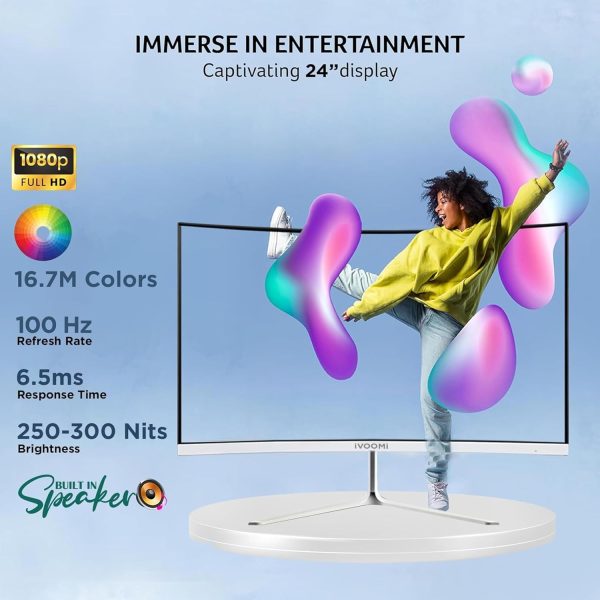 iVOOMi 24 Inch (60.45 cm) Ultra Slim Curve FHD Monitor for PC with 100Hz Refresh Rate, 1920 x 1080 Pixels, 16.7M Colors, Bezel-Less Design, Flicker Free, Best for Gaming with 3 Years Warranty