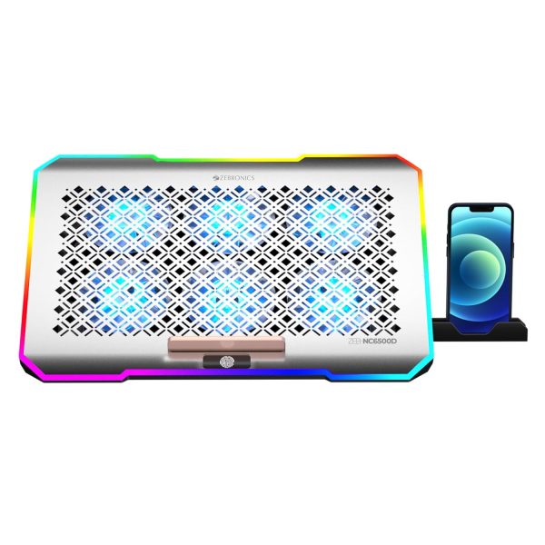 ZEBRONICS NC6500D Laptop Cooling Pad with Support up to 17 inch (43.18 cm) Laptops, Hexa Fans, Speed Control, RGB LED, Detachable Mobile Holder, 5 Step Retractable Stand, Built in USB Ports (Silver)