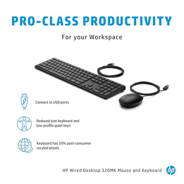 HP 320MK Wired USB Desktop Full-Size Keyboard Mouse Combo with Optical Sensor and Comfortable fit Design with Reduces Size Keyboard