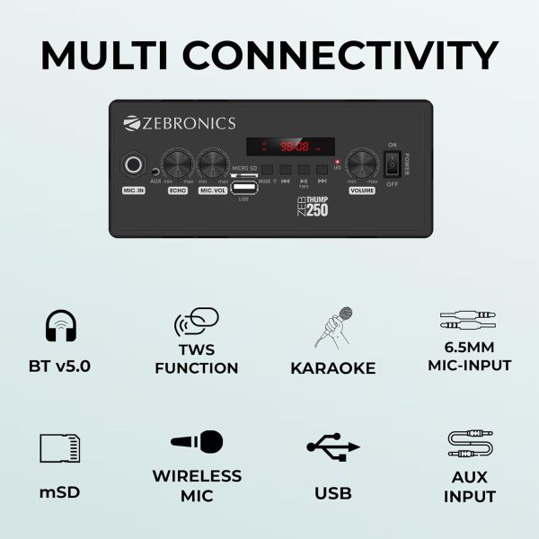 ZEBRONICS Thump 250 24 Watts RMS, Trolley speaker with Bluetooth 5.0, RGB Lights, USB, mSD, AUX input, Mic in, FM Radio and Stylish design