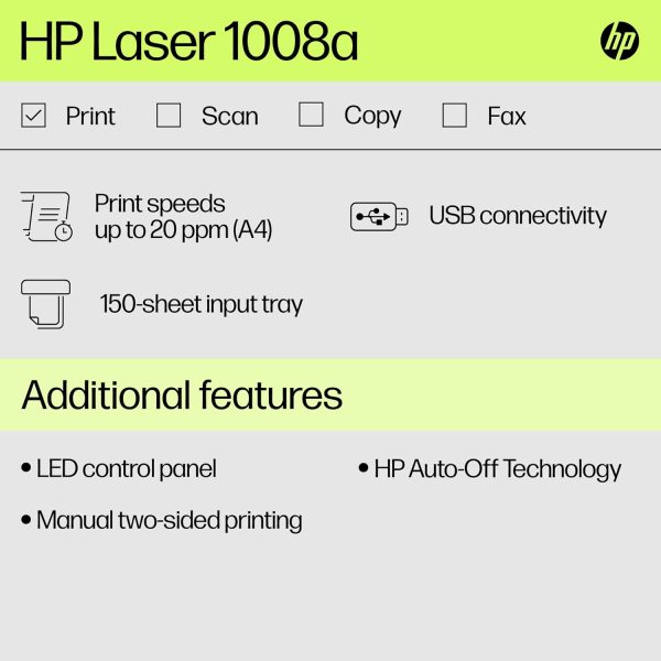 HP Laser 1008a Printer, Single Function, Print, Hi-Speed USB 2.0, Up to 21 ppm, 150-sheet Input Tray, 100-sheet Output Tray, 10,000-page Duty Cycle, 1-Year Warranty, Black and White, 714Z8A