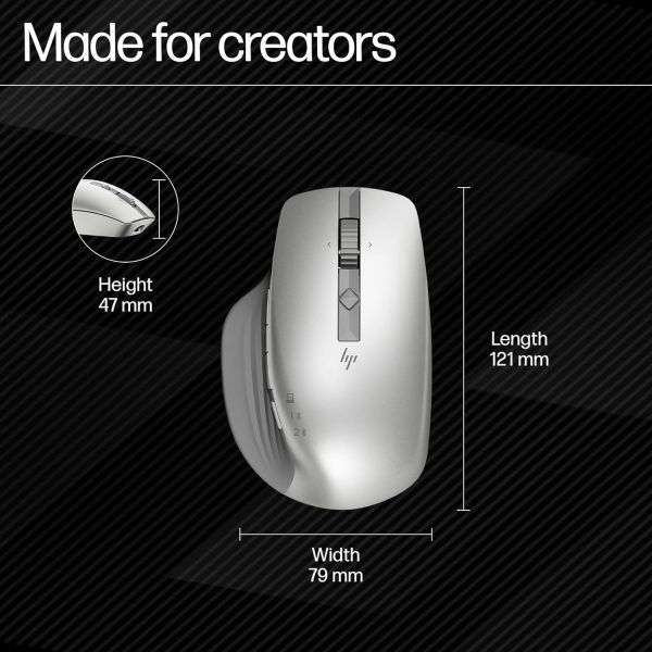 HP 930 Creator Wireless Mouse, USB-A dongle, Bluetooth 5.1, 7 programmable buttons, Up to 4000 dpi, Pair up to 3 devices, Rechargeable 12-week battery, 3-year warranty, 0.13 kg, Silver, 1D0K9AA