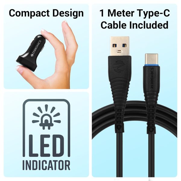 Zebronics Cc242A3 Car Charger with 10.5 Watts, Dual USB Ports, Compact Design, Built in Protections, Led Indicator, Included USB - Type-C Cable - Cellular Phones, Black